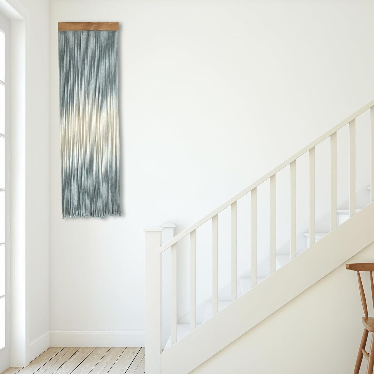 Blue Macramé Wall Hanging – Beachy Dip-Dye Fiber Art, Colored Yarn Tapestry, Modern Boho Wall Décor for Above Couch, Headboard, or Office, 12" x 37.5"